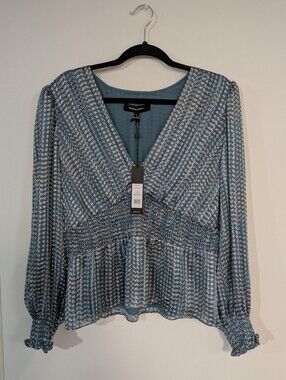 BCBG Max Azria Metallic Smocked Puff Shoulder Blouse Top